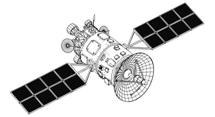 Satellite in orbit with solar panels illustration, vector artwork of a spacecraft in outer space, conceptual art for space exploration © PDWN Creative