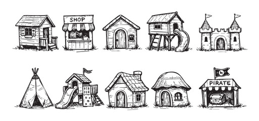 Fototapeta premium Fun collection of cartoon playhouses and forts, line art style, featuring a castle, shop, pirate hideout and tent, great for kids' designs.