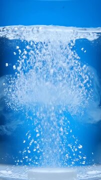 Effervescent tablet dissolving in clear glass of water with bubbles