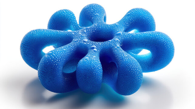 Abstract blue organic 3D shape with smooth curves and porous texture, isolated on white background. Concept of biomorphic design, futuristic material, science, innovation, and modern abstract art.