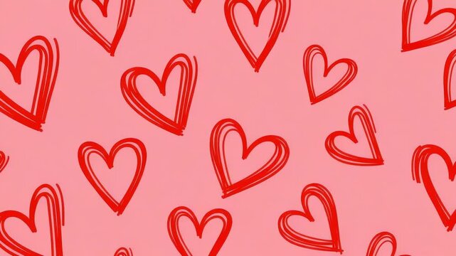 A pink background with red hand drawn hearts in a repeating pattern