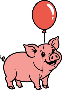 Pig with red balloon illustration for party or celebration on white background