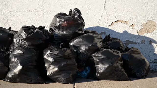 Black Bag Burden Piled Trash Against Cracked Wall Backdrop.