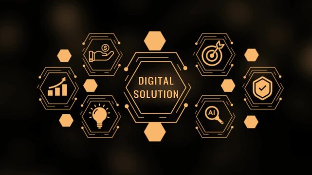 Digital solution concept with interconnected hexagonal in orange glow representing business growth AI and security on a dark textured background