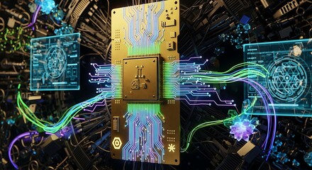 Circuit board with glowing neon wires and microchip on dark background