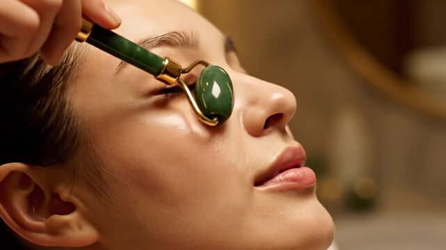 A serene woman receives a facial treatment with a jade roller, promoting relaxation and skincare, in a spa setting, captured in a close-up shot, My Video-36.mp4 reference
