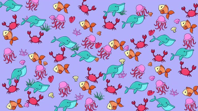 Cute cartoon pattern of sea creatures objects suitable for childrens products, textiles, stationery, and home decor designs.