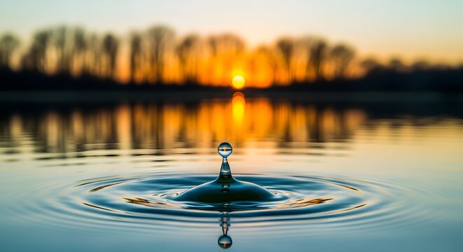 Water drop splash on lake surface at sunset
