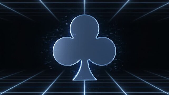Futuristic club symbol digital neon sign glossy emblem blue poker suit casino icon cyber grid background abstract glitch distortion cyberpunk data stream vaporwave interference matrix technology