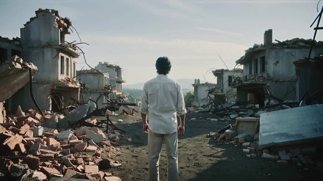 A lone man surveys the catastrophic aftermath of a massive earthquake, standing between rows of collapsed buildings and piles of rubble under soft, natural daylight in a ruined cityscape.