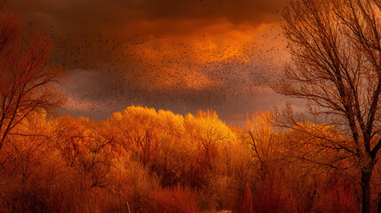 Naklejka premium migration. A flock of birds migrates south across an autumn sky at golden hour. representing seasonal cycles and harvest abundance, wildlife magazines, designed for eco-tourism storytelling. 