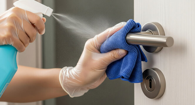 Hands wearing gloves cleaning a doorknob with a spray bottle and cloth for hygiene and disinfection