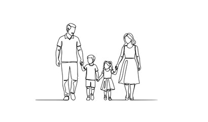Fototapeta premium Happy Family Walking Hand in Hand One Line Art Vector Illustration