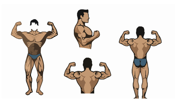 Vintage retro bodybuilder character vector set with classic muscle poses