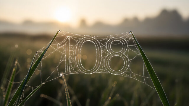 Natural Dew Drops on Spider Web Forming Number 108 on Green Grass at Sunrise for Eco Friendly Growth and Spirituality Concept