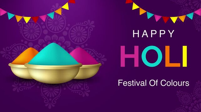 Holi Festival animated template showcasing colourful powder. Happy Holi wishes and greetings.