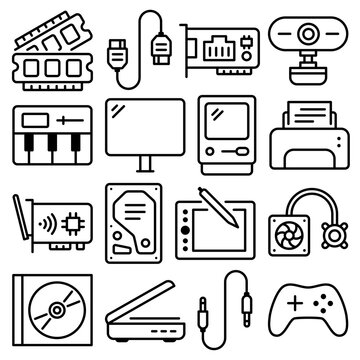 PC Hardware Essentials Icon Set Outline Style (Part 4)