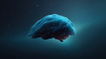 Abstract digital representation of a human brain illuminated by ethereal light against a deep, dark background with subtle glowing particles in the air
