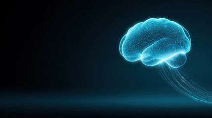 Glowing Transparent Brain Concept with Digital Particles Floating in Dark Space Representing Artificial Intelligence and Human Cognition