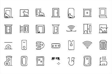 Smart Home and Pet Door Line Icons for Automation Design