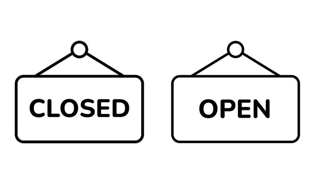 Open and closed hanging door signs. Editable stroke welcome icon for for retail business, store, cafes