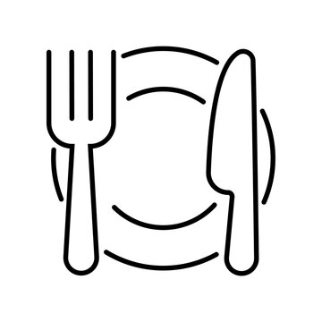 Fork and knife on a plate. Kitchen signs set for cafes. Plate symbol. Editable stroke