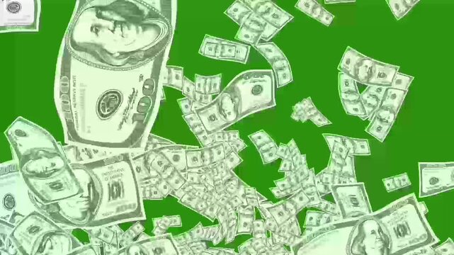 Falling US dollar bills animation on green screen, realistic money rain transition for wealth and business video editing