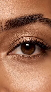 Close-up of a woman's eye with natural makeup and long eyelashes