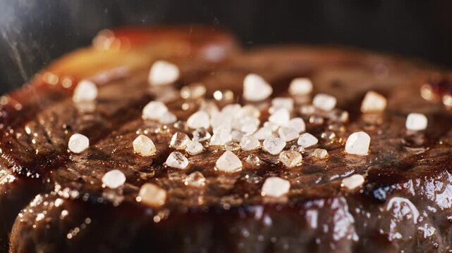 Grilled steak meat beef salt macro closeup juicy cooked gourmet dinner, sizzling grilled beef steak juicy meat macro closeup with rich texture, salt crystal seasoning scatter over cooked gourmet steak