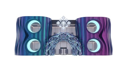 Vibrant modern architectural design with colorful curved walls and futuristic entrance