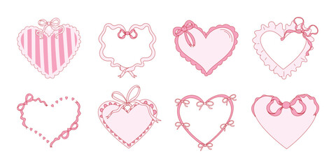 Romantic heart frames collection decorated with bows, ribbons and cute details. Hand drawn pink heart shapes for Valentine&rsquo;s Day cards