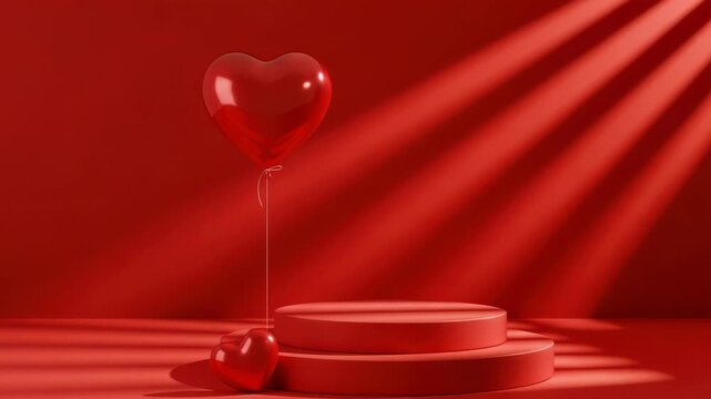 A red heart shaped balloon tied to a small heart on a red platform