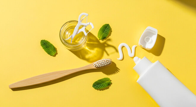 Natural toothpaste and bamboo toothbrush with mint leaves on yellow