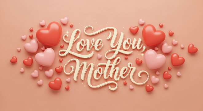 Peach surface with red and pink heart shapes, and cursive text "Love You, Mother," showcasing familial love, perfect for Mother's Day celebration