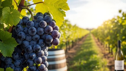 Naklejka premium Grapes on vine with wine bottle.