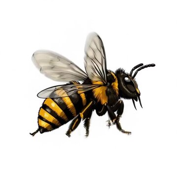 natural close-up of bee flying with detailed wings and body, concept pollination, agriculture, environmental conservation