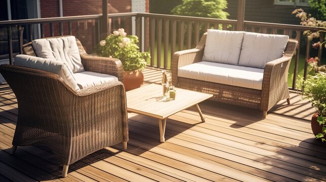 A sunlit wooden deck outdoor seating area with wicker furniture and neutral cushions