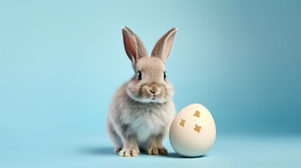 Fototapeta premium Adorable Baby Bunny Posing Beside a Starry Easter Egg in Soft Studio Light