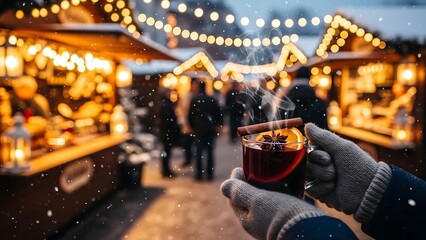 Obraz premium Hand holding mulled wine at market.