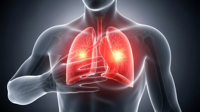 Respiratory illness affecting lungs and chest causing pain and breathing difficulty on male body