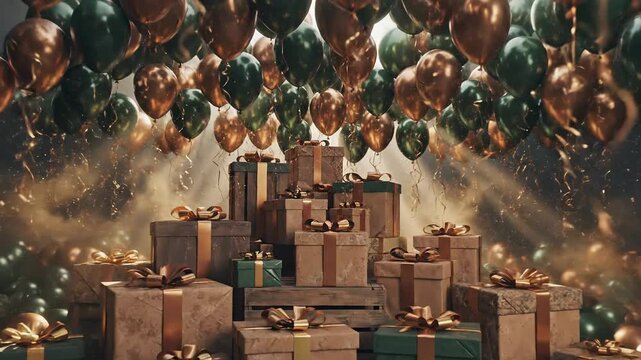 Festive Gift Boxes Pile with Balloons and Confetti, Celebration and Surprise