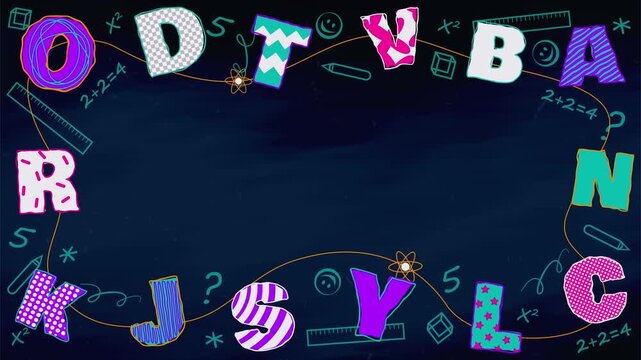 Letters and School Elements on a Blue Background in a Loop
