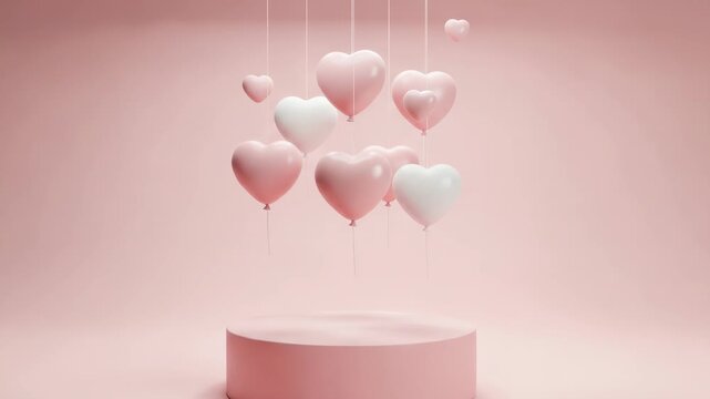 Pink heart shaped balloons floating above a round pink pedestal in a studio