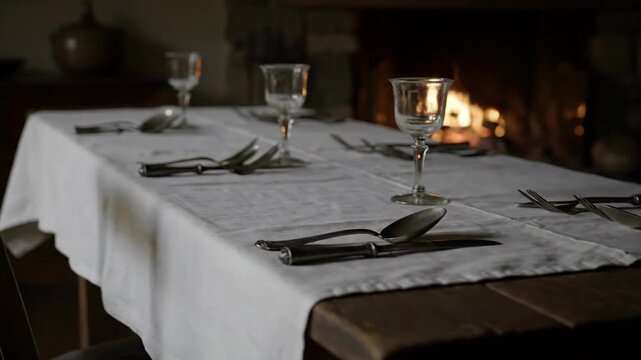 Rustic table setting with fireplace background in vintage atmosphere