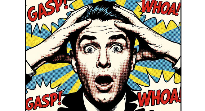 Pop art illustration of a man with a shocked expression, hands on head, and speech bubbles saying 'GASP!' and 'WHOA!' in a comic book style.