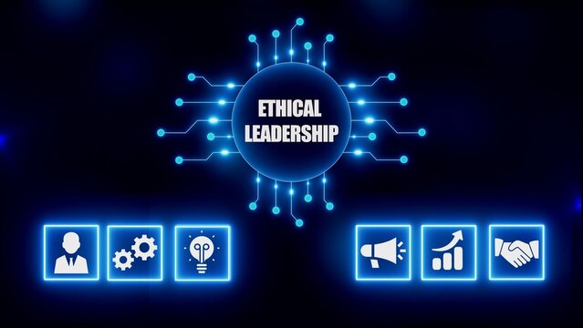 Blue circuit board with ethical leadership text and