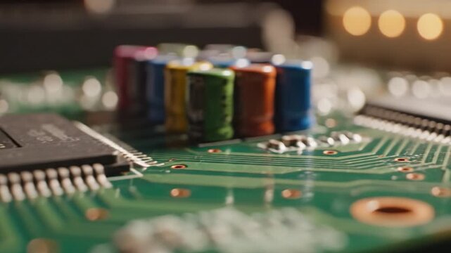 Electronic circuit motherboard technology component capacitor chip green closeup detail circuit board microchip electronic component pcb hardware processor connection engineering digital data science