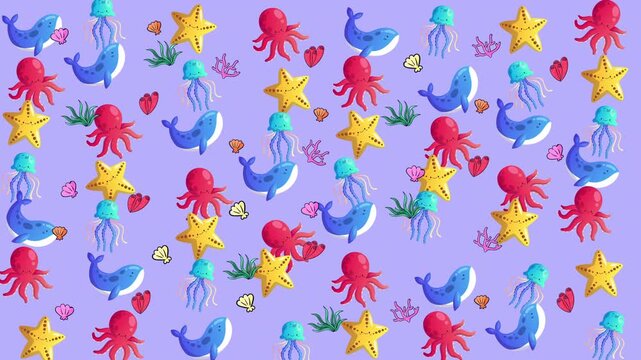 Many cute sea animal cartoon illustrations on a purple background suitable for childrens books, posters, and educational materials. Great for underwaterthemed projects.