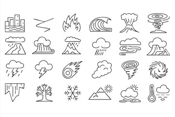 Natural Disaster and Extreme Weather Line Icons Set