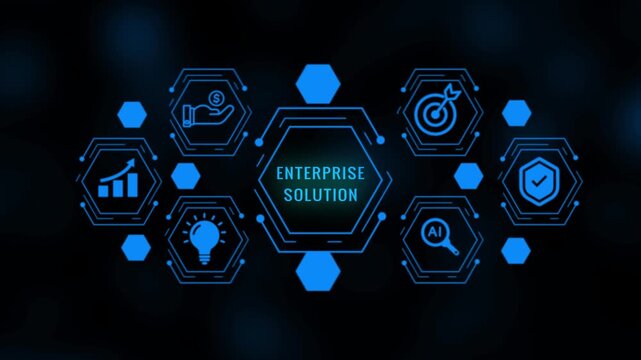 Blue digital infographic representing enterprise solutions with a central hexagonal frame and surrounding interconnected nodes featuring for growth, investment, ideas, AI, security, and goals on a